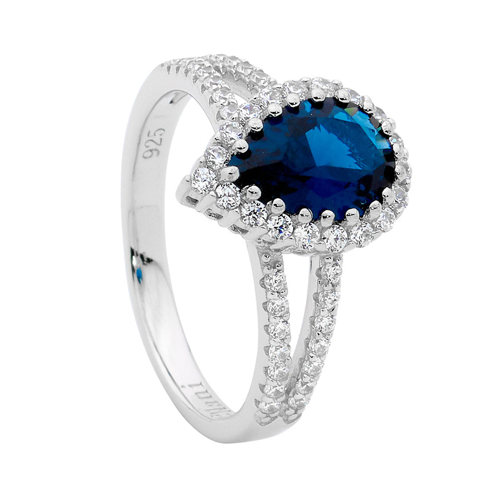 Ellani Stg Blue Pear CZ Cluster Ring