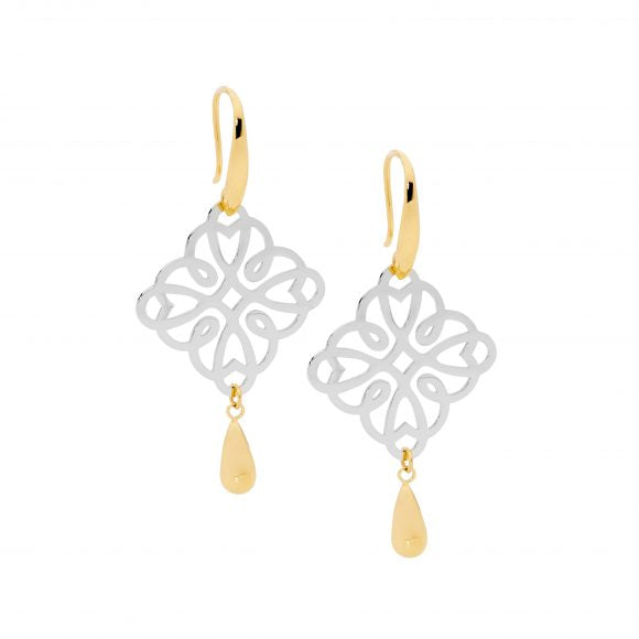 Ellani Stainless Steel Two Tone Filigree Drop Earrings