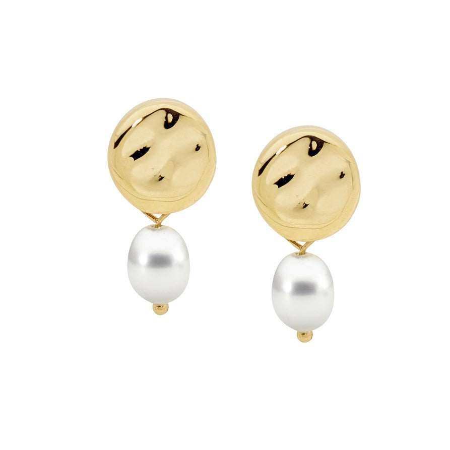 Ellani Gold Plated Stainless Steel Freshwater Pearl Hammered Disc Earrings