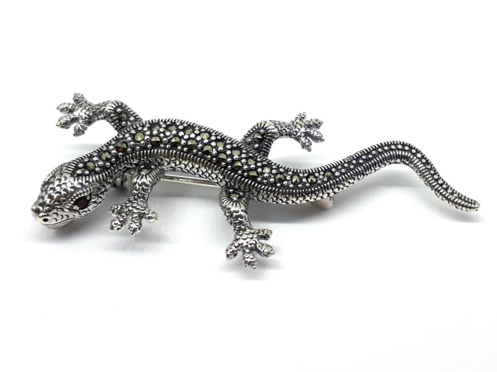 350120 sterling silver marcasite lizard brooch pendant