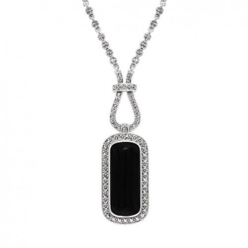Sterling Silver Art Deco Rectangle Onyx and Marcasite Necklace