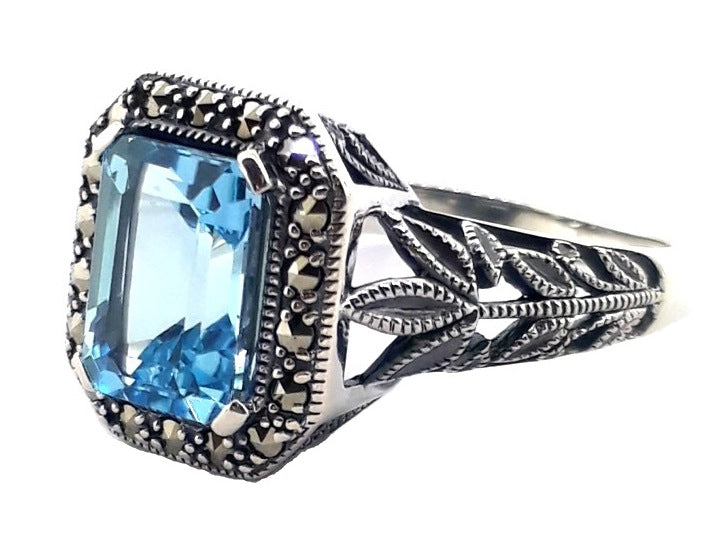 Sterling Silver Blue Topaz Art Deco Dress Ring
