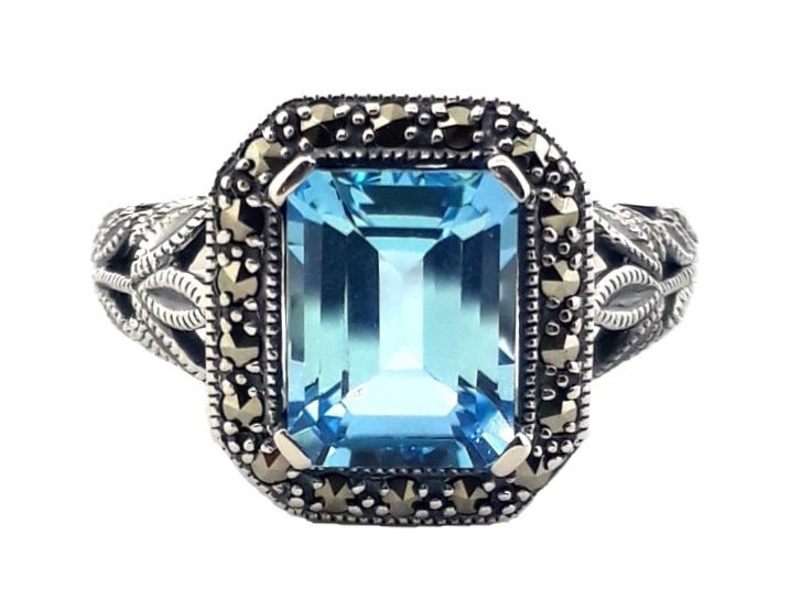 Sterling Silver Blue Topaz Art Deco Dress Ring