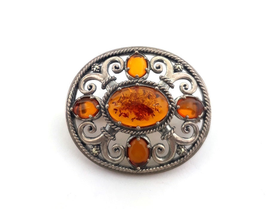 350308 sterling amber marcasite vintage style brooch