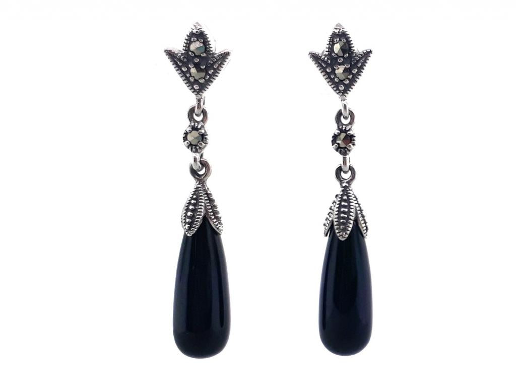 350318 stg marcasite onyx drop earrings art deco
