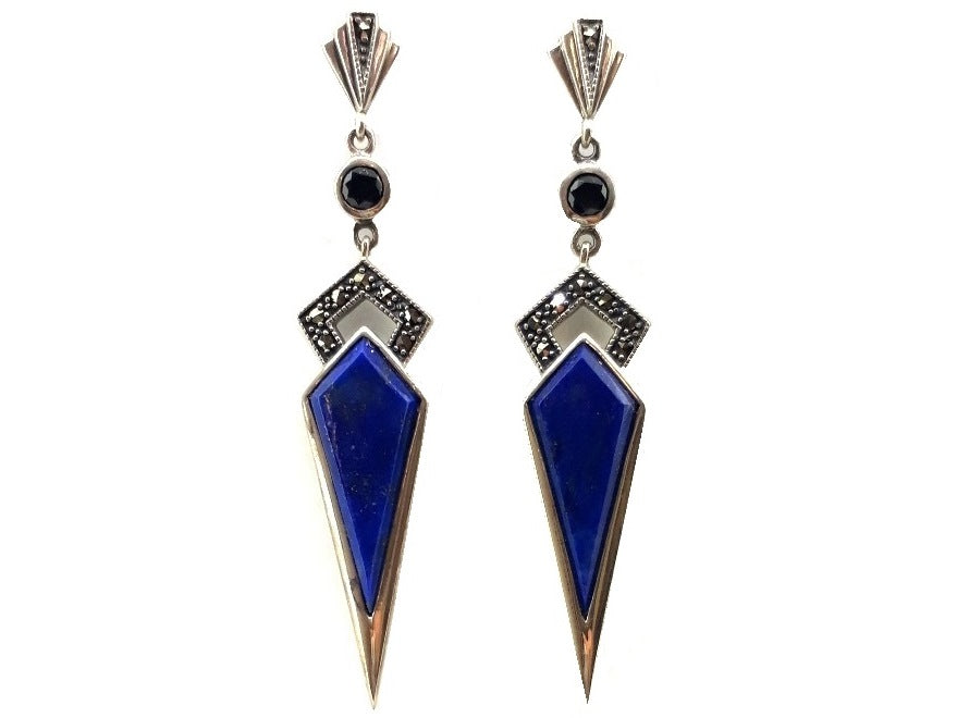 350321 stg art deco style lapis lazuli marcasite earrings