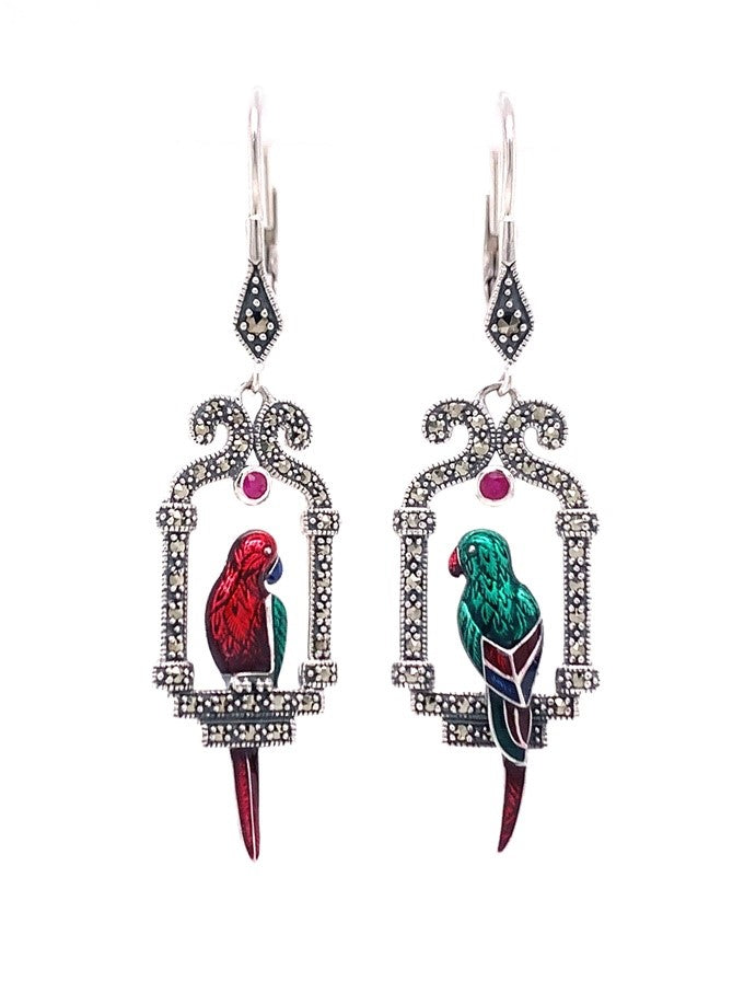 350355 sterling silver ruby enamel marcastie parrot earrings