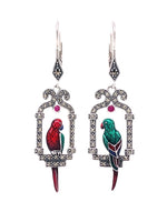 Load image into Gallery viewer, Sterling Silver Marcasite Ruby Enamel Parrot Earrings
