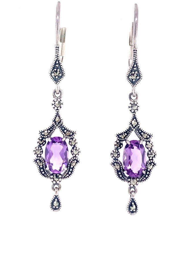 350381 sterling silver amethyst marcasite deco earrings