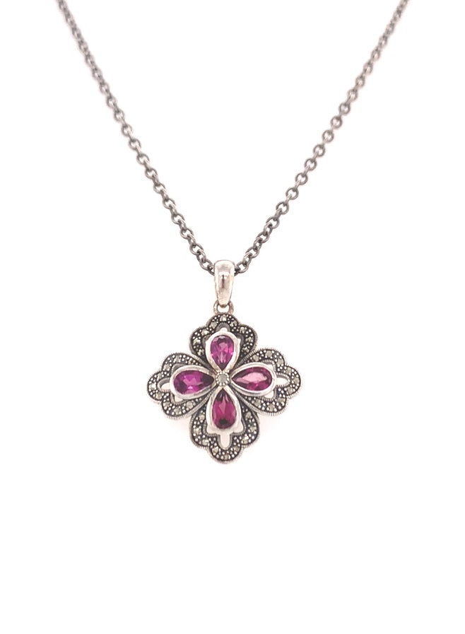 350389 sterling silver rhodolite garnet marcasite necklace