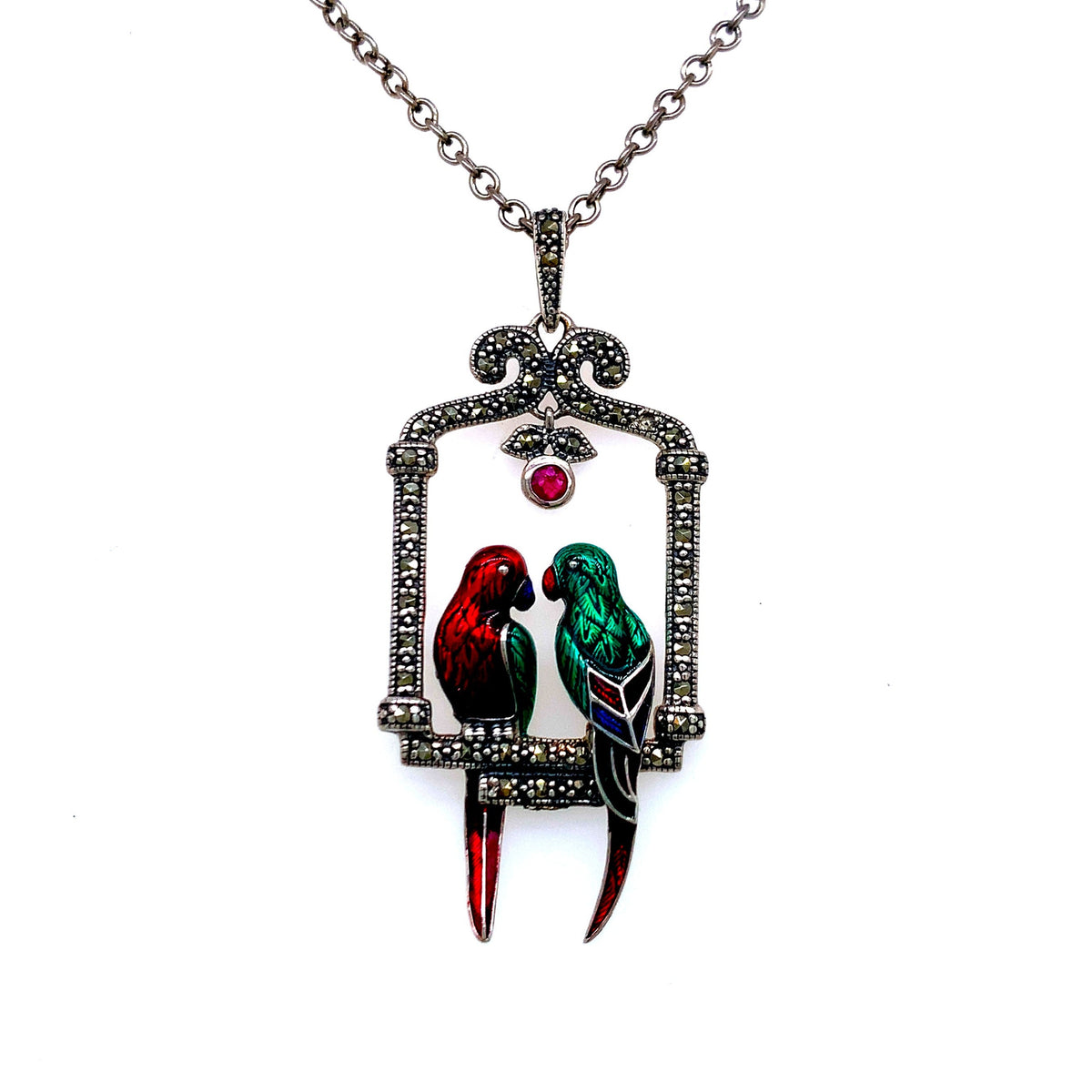 350390sterlingsilvermarcasiterubyenamelnecklace