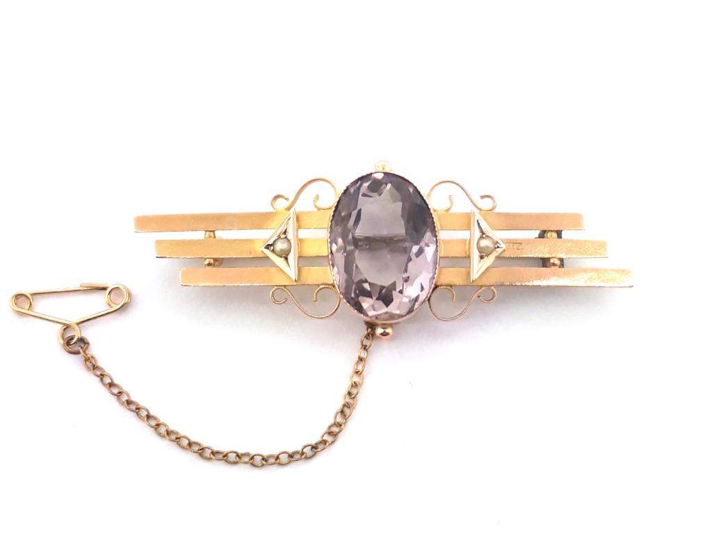 9ct Oval Amethyst Pearl Brooch