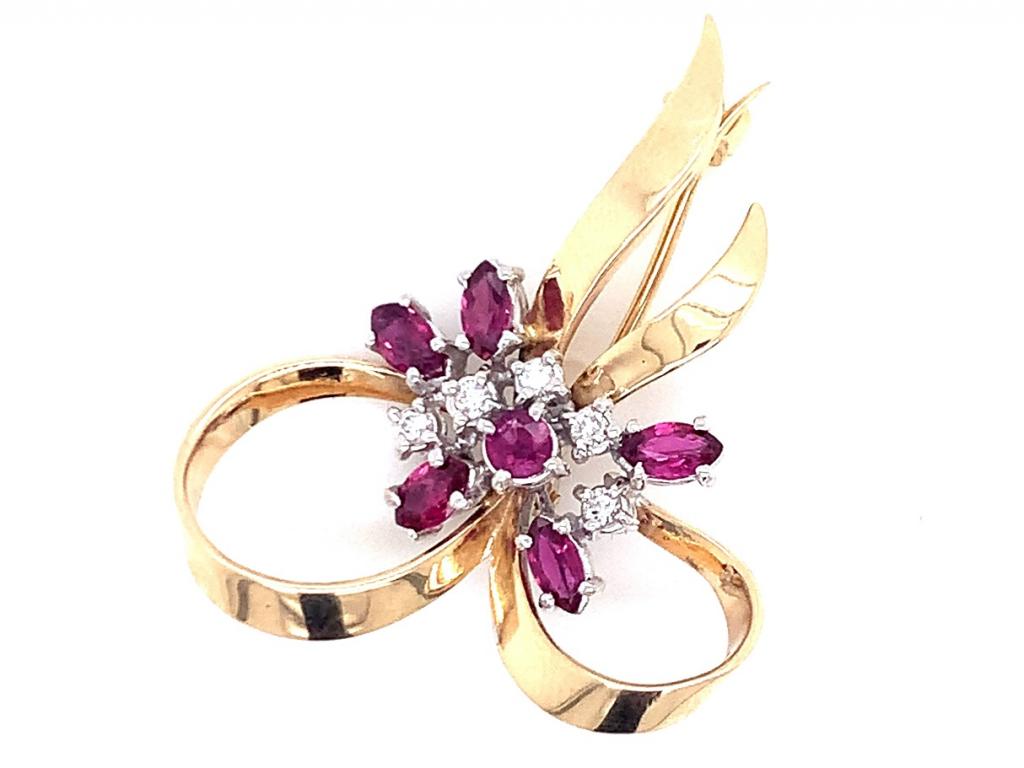 9ct Ruby Diamond Bow Brooch TDW 0.13ct