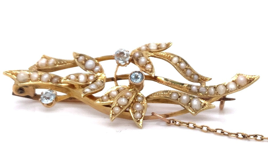 15ct Vintage Aquamarine Pearl Brooch