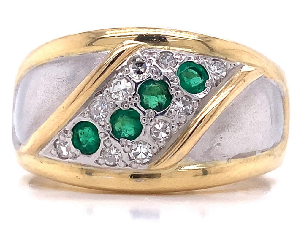 18ct Two Tone Four Emerald Ten Diamond Ring TDW 0.28ct