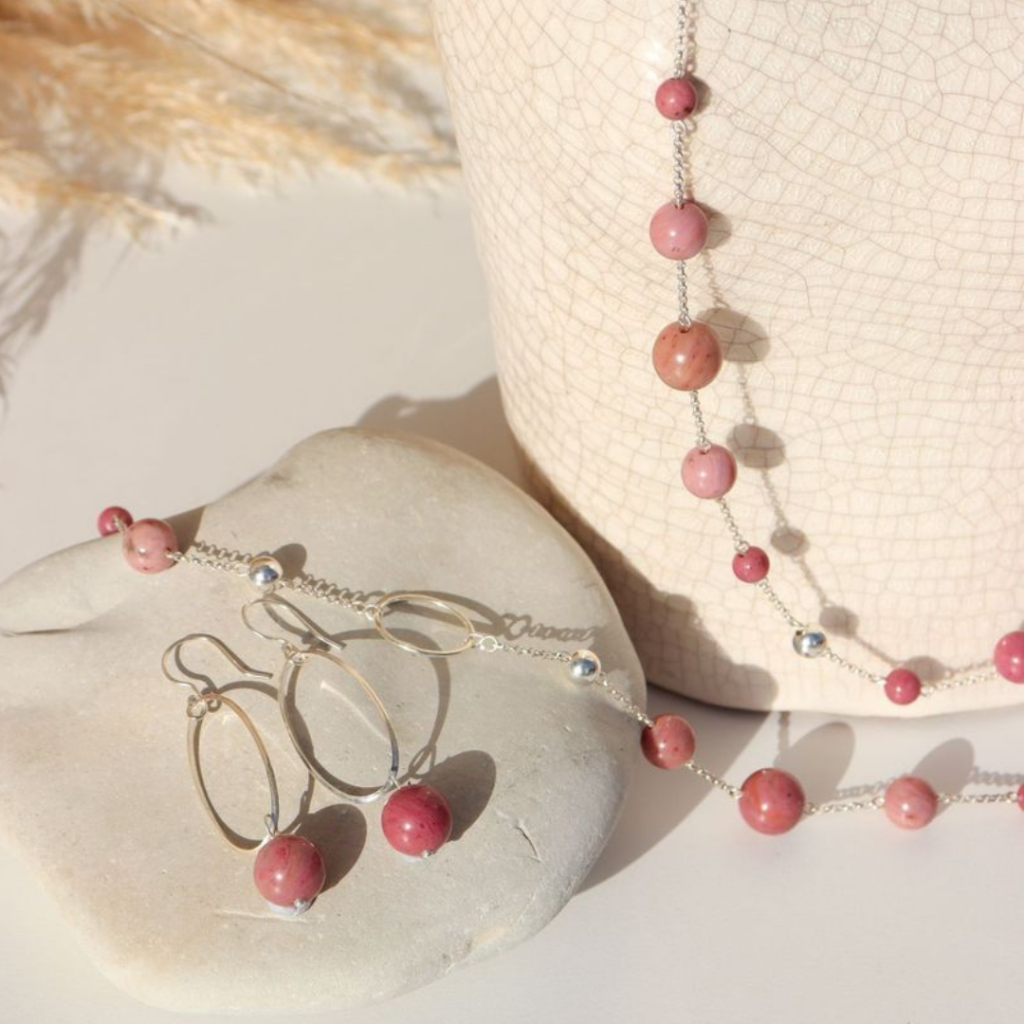 La pierre stg pink rhodochrosite bead 85cm necklace