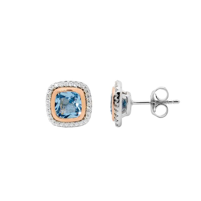 Ellani Stg CZ Blue Spinel Halo Stud Earrings